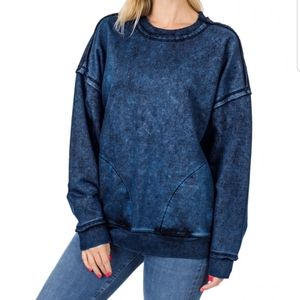 New Zenana Dark Blue Mineral Wash Heavy French Terry Top w/front pockets - Small
